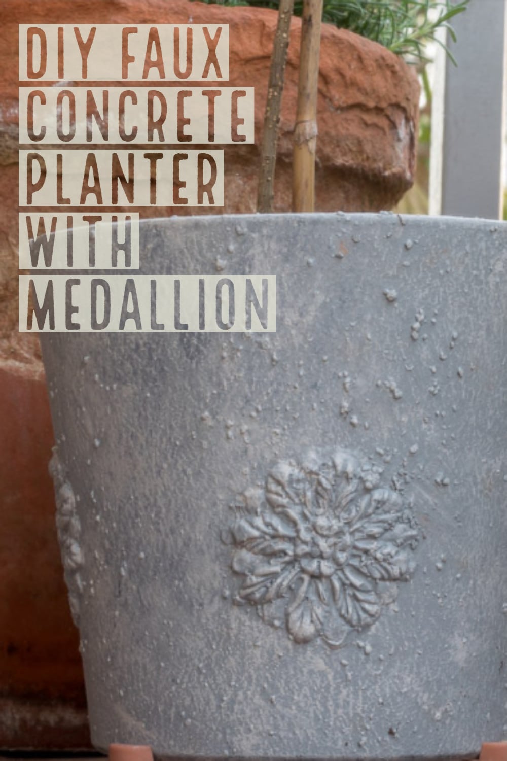 pin showing closeup of diy faux concrete planter with diy flexible medallion