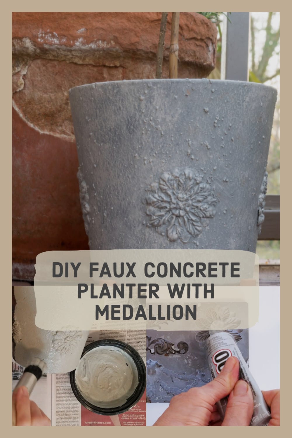 pin showing steps to make faux concrete planter with medallion