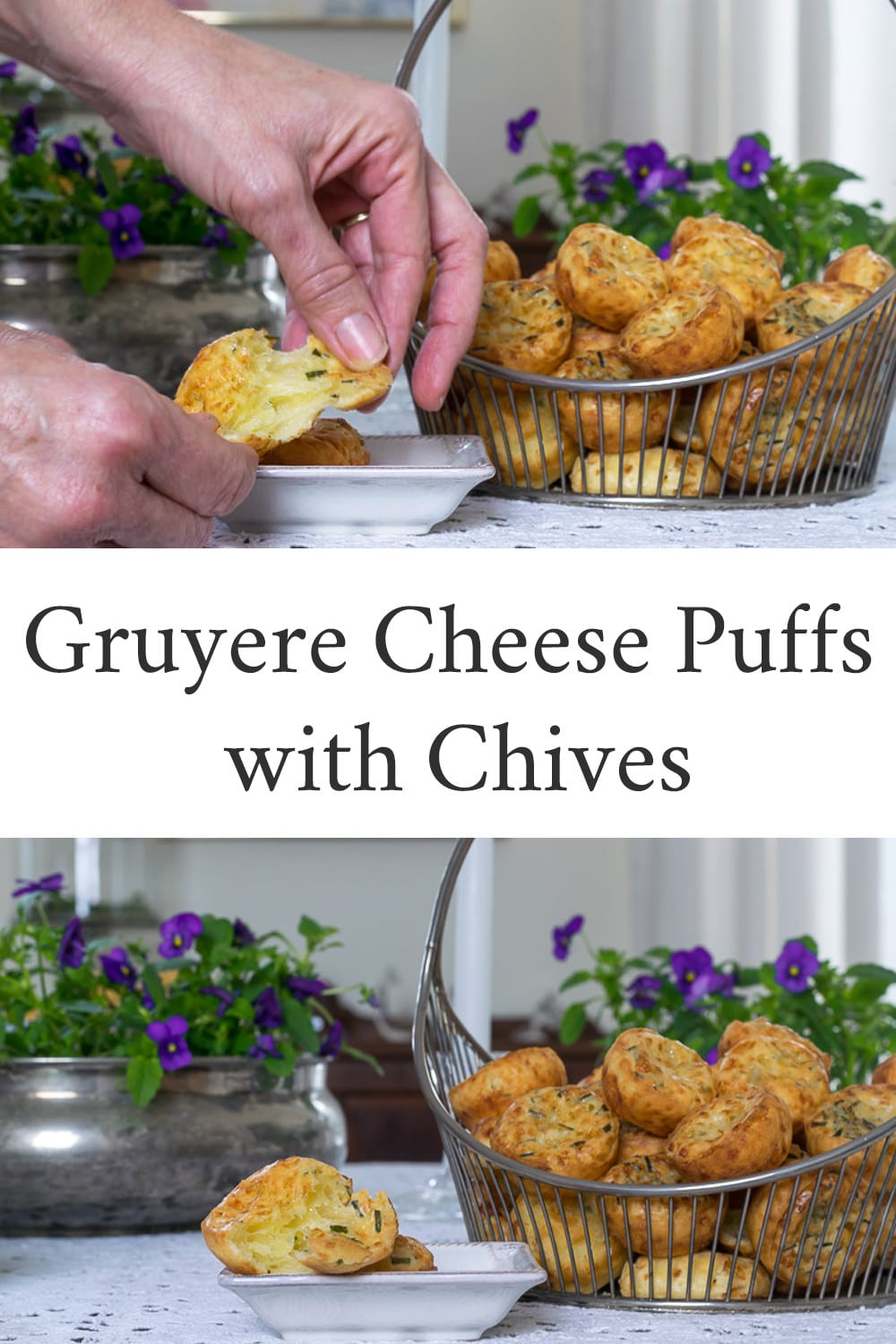 pin for Gruyere Cheese Puffs showing puffs in a basket and being pulled apart