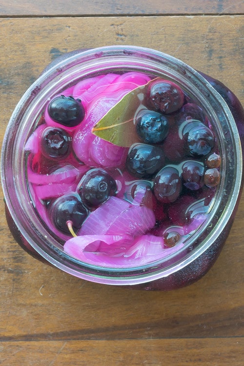 Pickled blueberries from overhead.