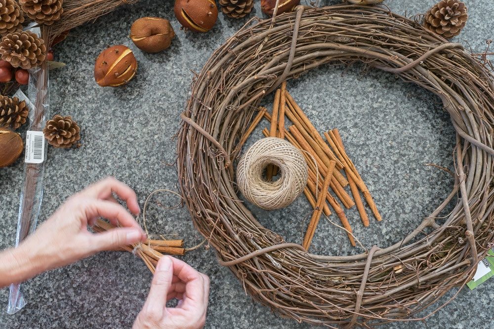 Attach bundles of Cinnamon Sticks to the Fall Indoor Wreath
