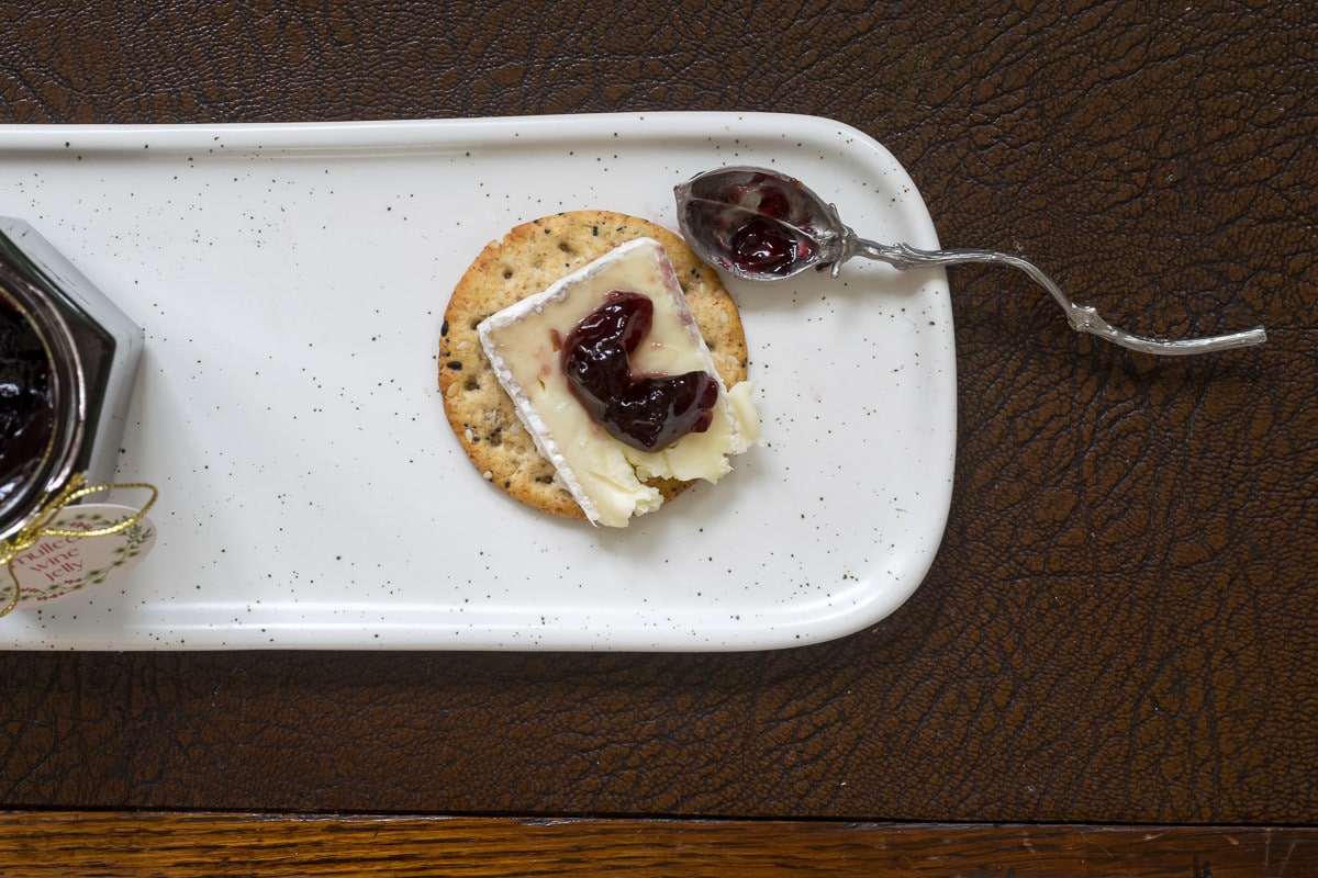 Mulled Wine Jelly on Brie and Cracker