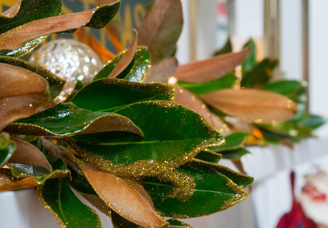 gold-dusted Magnolia Leaves on Christmas Mantle