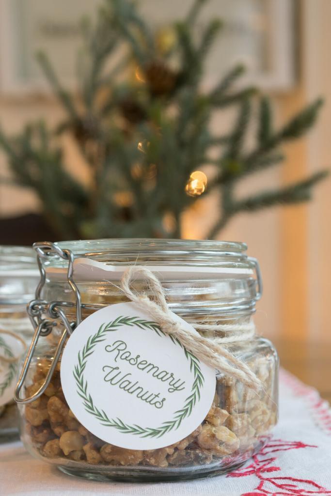 Toasted Walnuts with Rosemary in a jar with tag