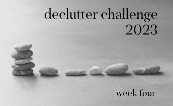 2023 Declutter Challenge logo with stones in a row and a stack of stones.