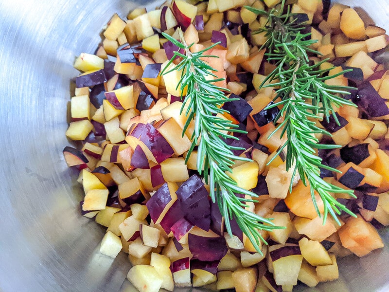 Plums and Rosemary in Canning Pan