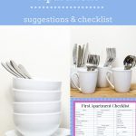 Image of stack of dishes, cups, silverware and First Apartment Checklist