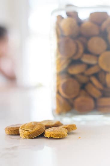 Closeup of homemade pumpkin dog treats with jar in the background