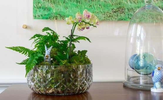 A crystal bowl with orchids and ferns.