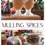 Cups of warm apple cider and jars of mulling spices