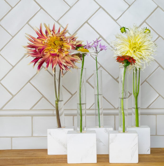 DIY Test Tube Vases with Faux Marble bases with fresh flower