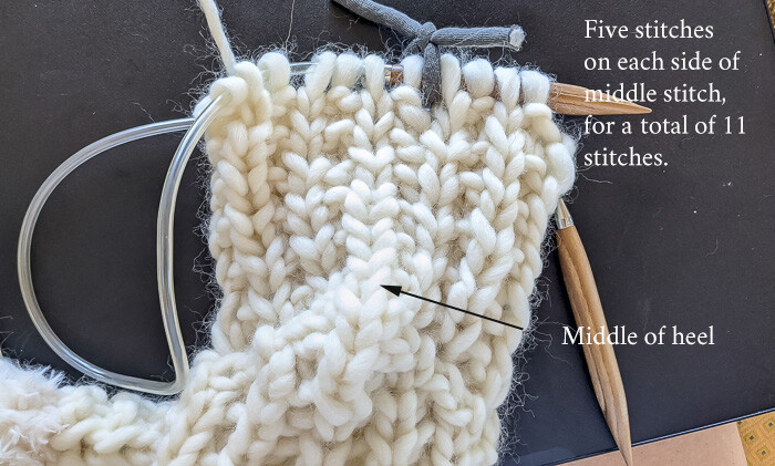 How to knit a Christmas Stocking: Close up of how to shape toe 