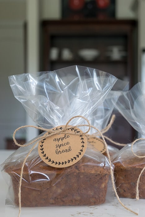 Apple Spice Bread in a bag with a gift tag