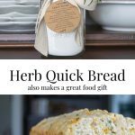 Jar of Herb Quick Bread is perfect for gifting and loaf of baked Savory Quick Bread