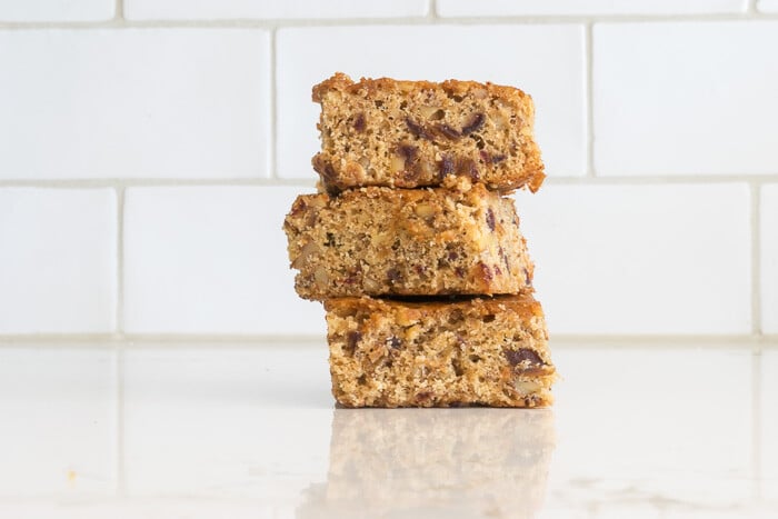 Stack of three date nut bars.