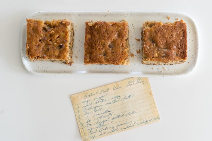 3 date nut bars from overhead with a copy of my Grandma's recipe