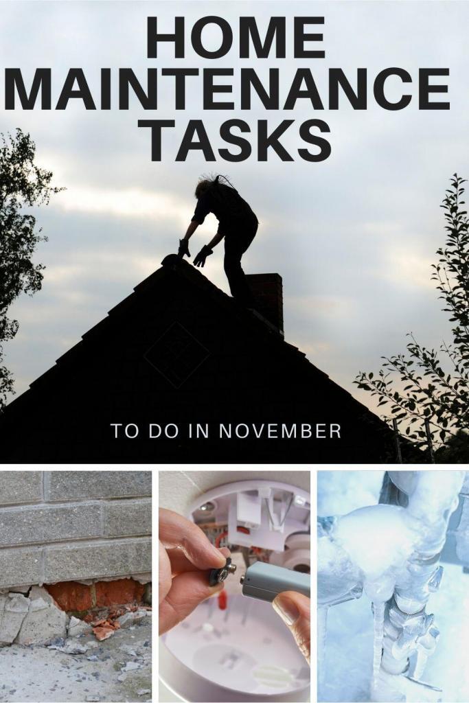 pin showing images of home maintenance tasks to do in November, including chimeny sweeping, pest prevention, smoke detector batteries and pipe protection