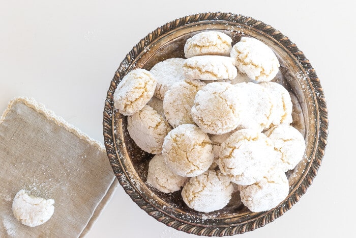 Overhead shot of Amaretti Cookies in a silver bowl