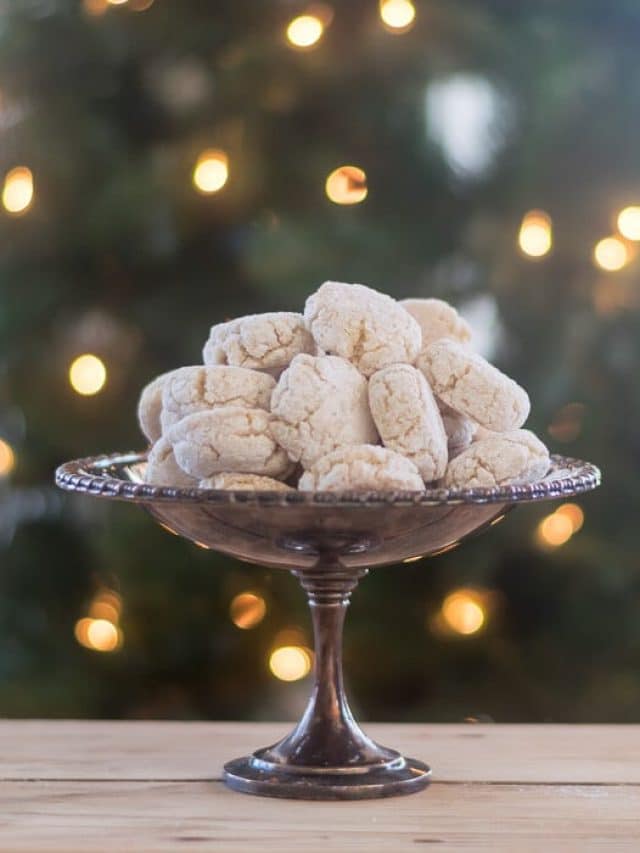 Amaretti Cookies on a silver pedestal.