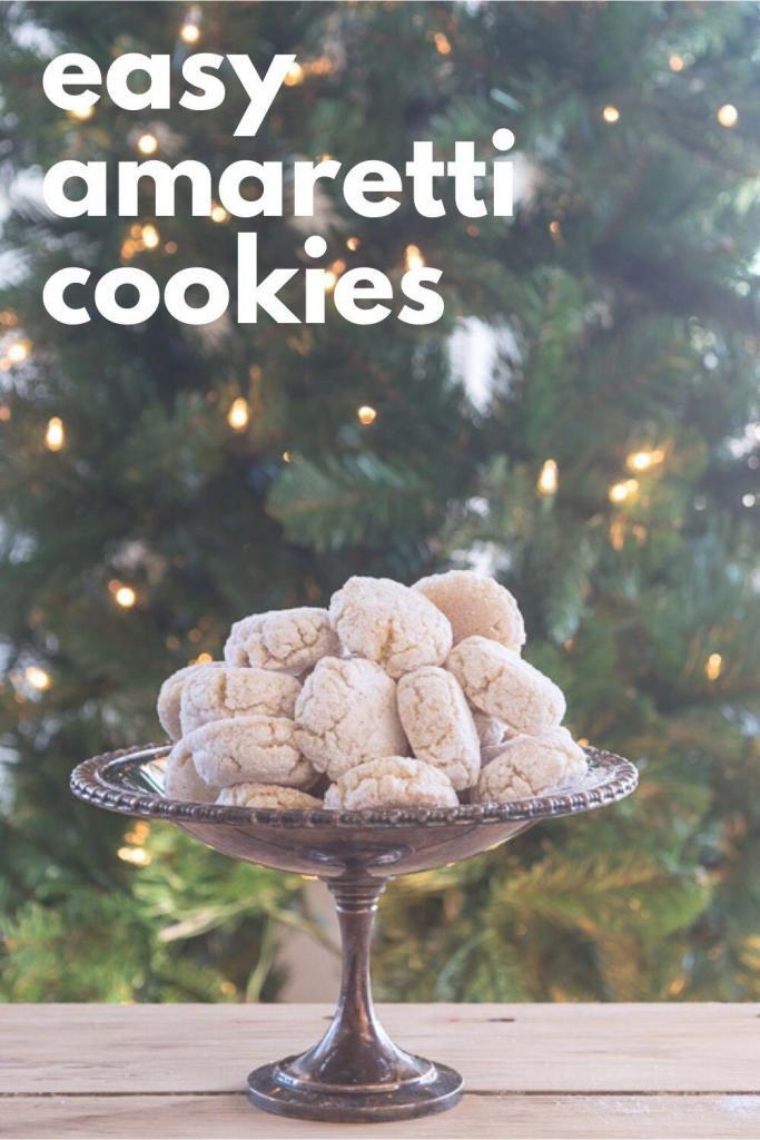 Amaretti cookies in silver footed bowl in front of the Christmas tree