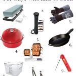Image showing 9 Foodie Gifts for Men, including a knife sharpening stone, a sous vide, gloves, a stovtop smoker, a wireless timer, a cast iron skillet, a container for sous vide, tongs and an instant read thermometer.