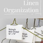 organized table linens with labels