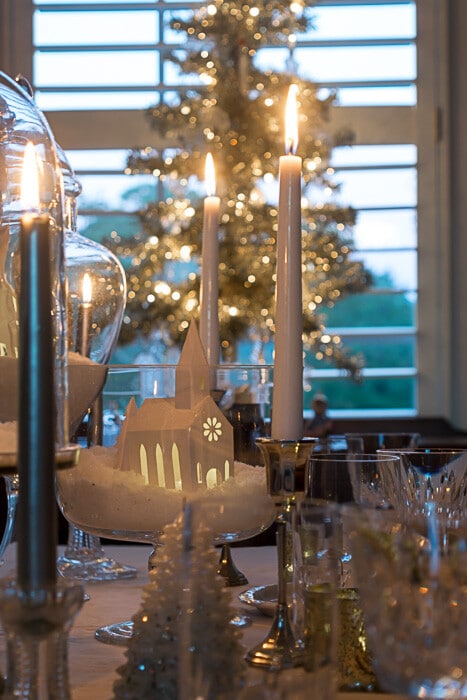 My winter white table setting in the twilight
