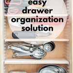 Showing measuring cups and spoons in organized drawer with drawer dividers.