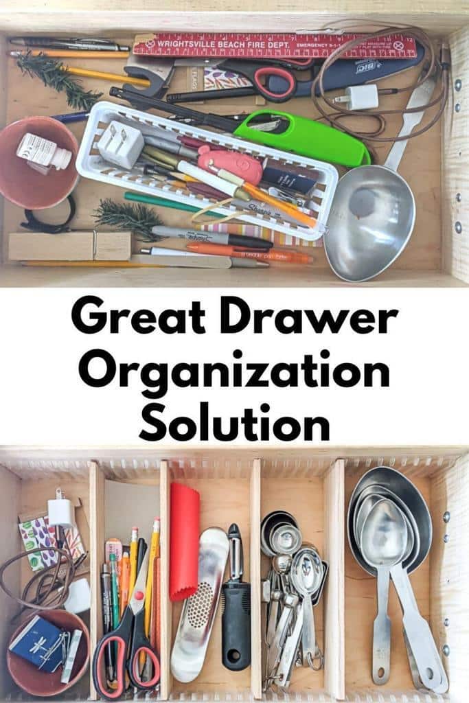 A before and after of my kitchen drawer which was organized with this Easy Drawer Organization Solution