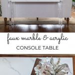 Overhead of faux marble and console table with acrylic legs and a faux marble top with white sofa in the background.