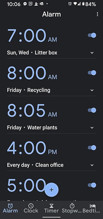 Image of alarms set on my phone to help remember certain tasks and simplify your life