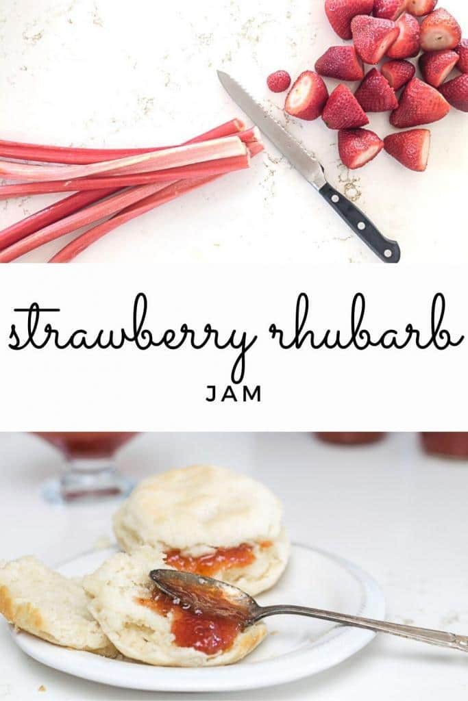 an image of rhubarb and strawberries, along with an image of strawberry rhubarb jam spread on a biscuit.