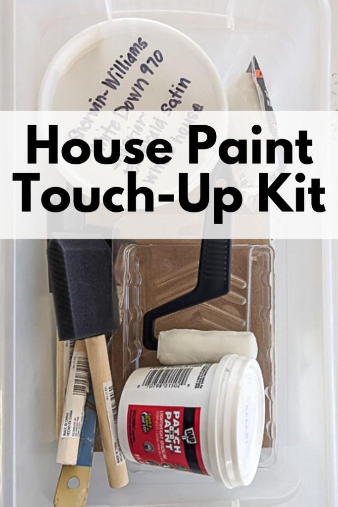 House Paint Touch Up Kit containing small containers of paint and spackling, sandpaper, mini roller and brushes.