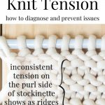 Image of a piece of knit fabric on knitting needles which shows inconsistent knit tension.