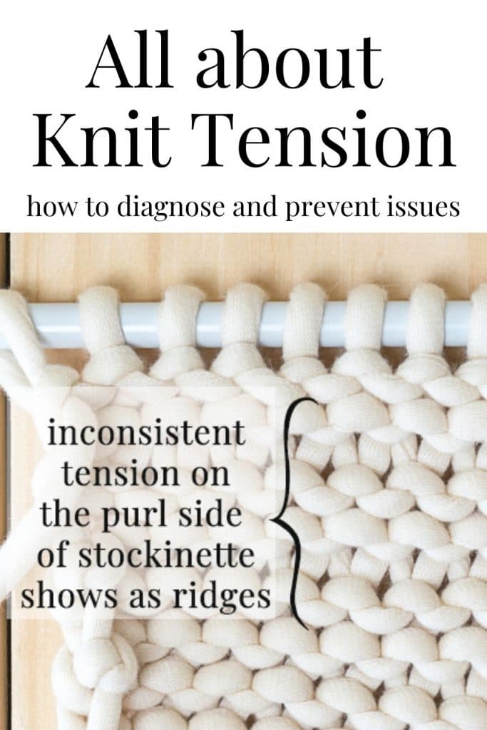 Image of a piece of knit fabric on knitting needles which shows inconsistent knit tension.