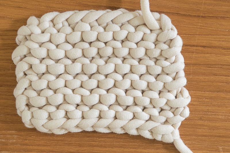 A swatch of garter stitch, produced by knitting every row.