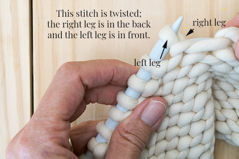 A knit swatch showing how a knit stitch gets twisted.