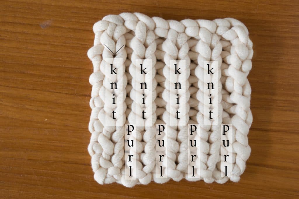 the rib stitch illustrated with knit and purl row highlighted.
