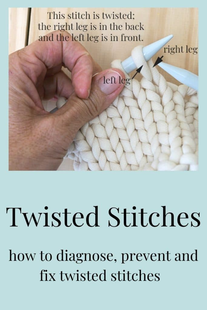 closeup of knitting showing twisted stitch and how to identify it.