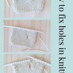 Three swatches of knitting with holes in the knit fabric.