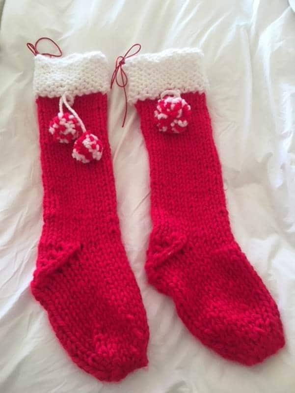 Two red and white knit stockings.