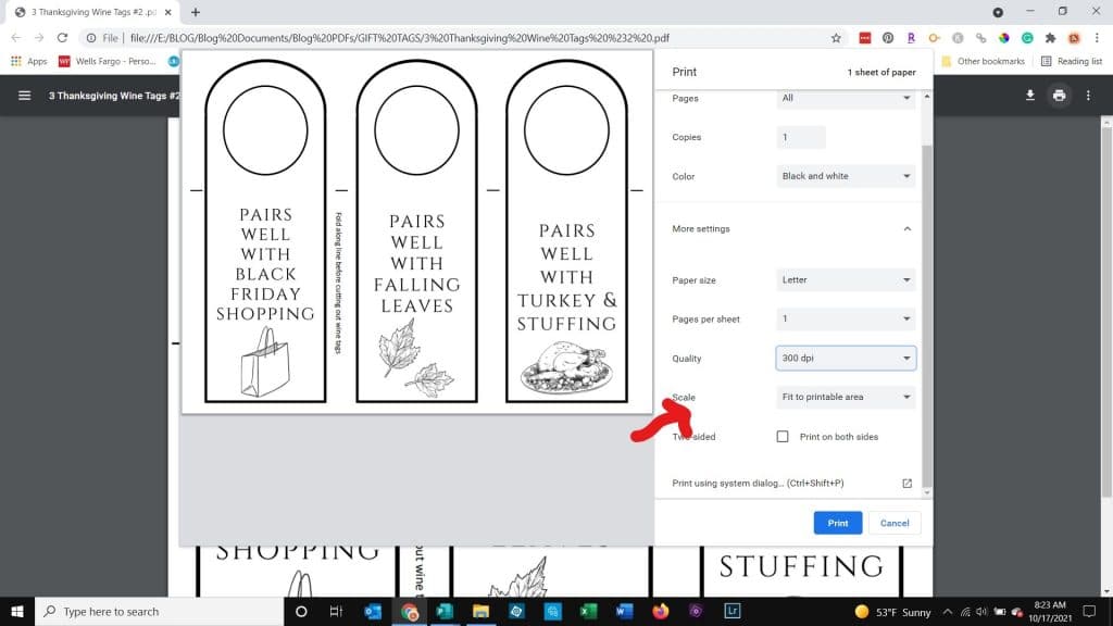 Screen showing how to print wine tags.