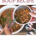 Ladling 15-Bean Soup into a soup bowl.