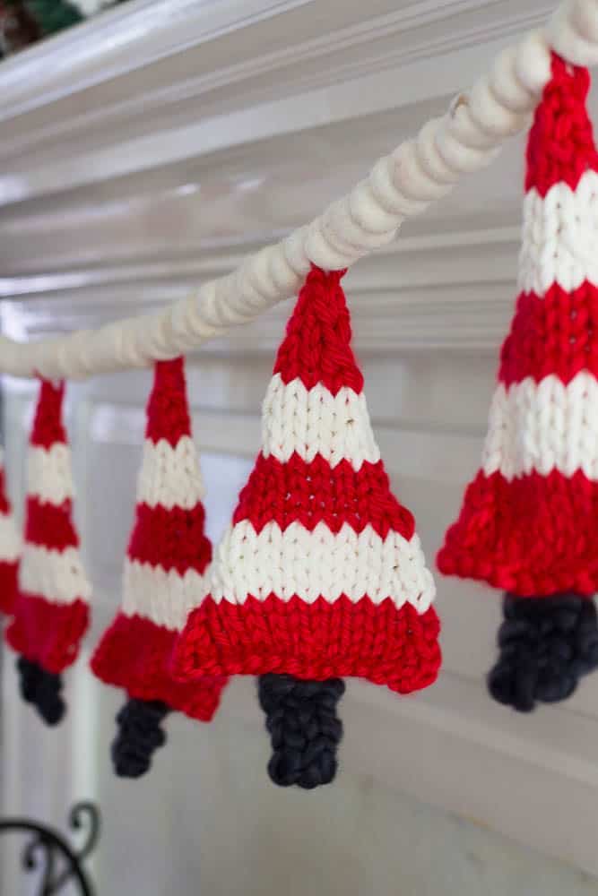 Knit red and white striped Christmas trees.