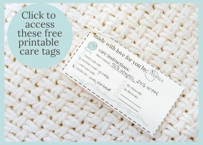 Knit care tag on a knit blanket.