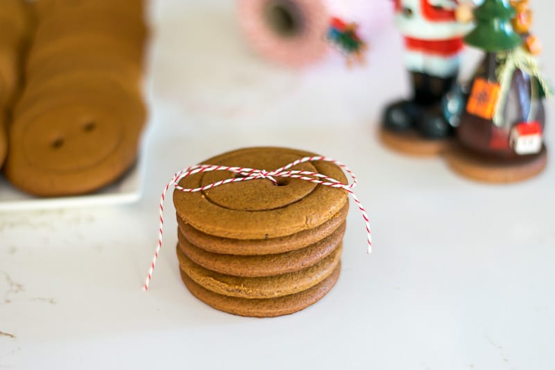 Button Cookies with red and white string.