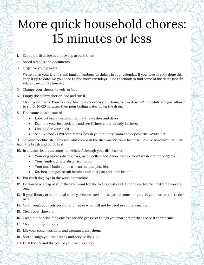 Household Chores List: 15-minutes or less · Nourish and Nestle