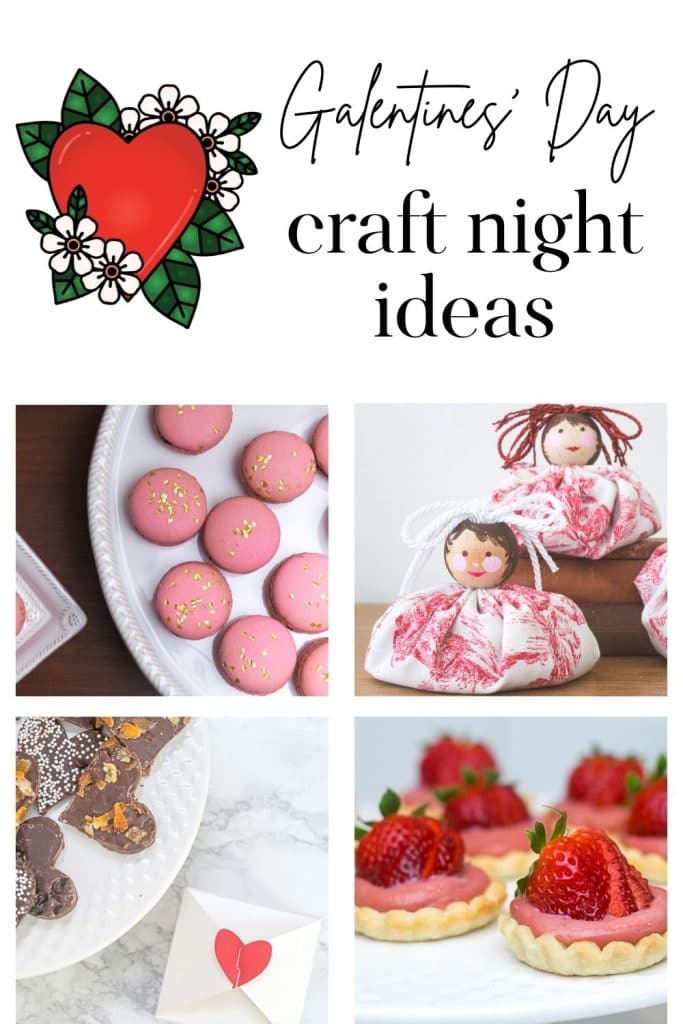Pink macarons, sachets, heart-shaped chocolate and mini strawberry tarts.