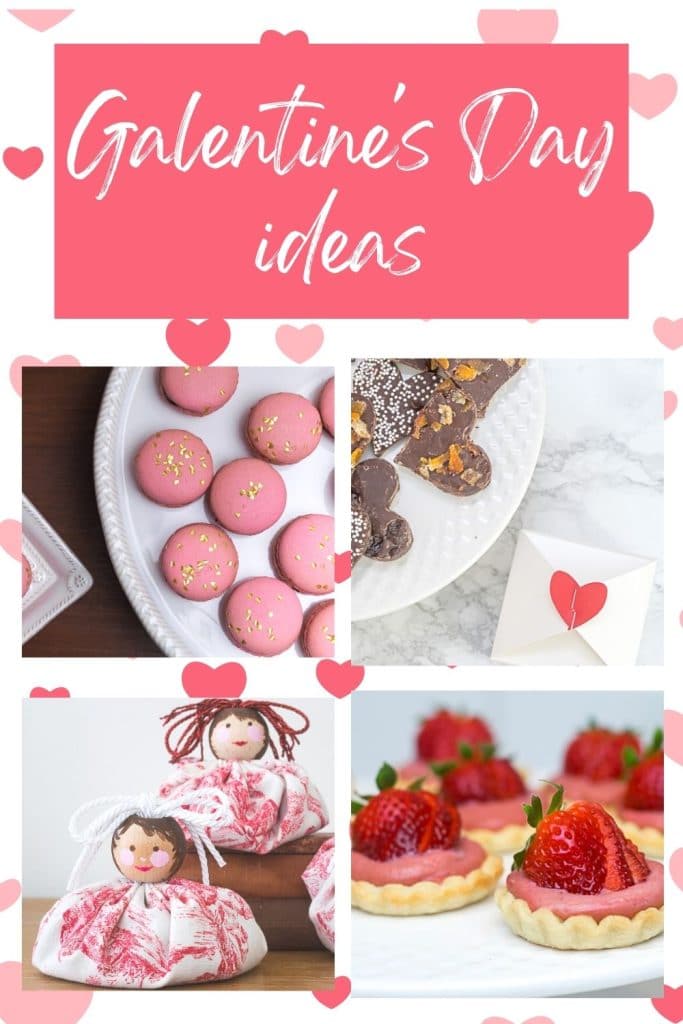 Heart background with images of Galentine's Day ideas.