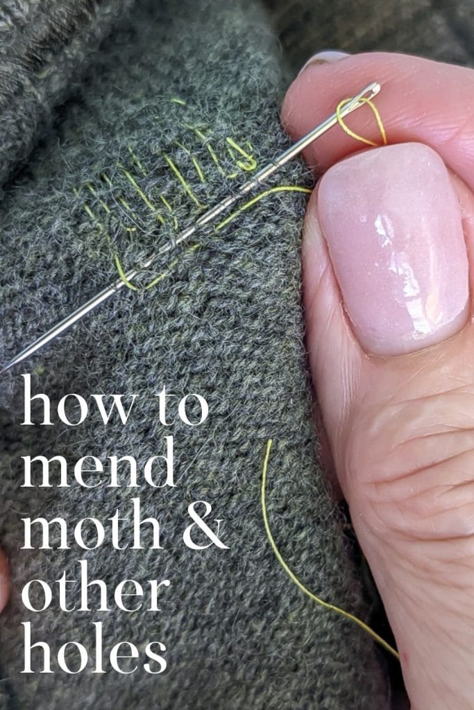 Hands and needle showing how to repair moth holes in sweaters.